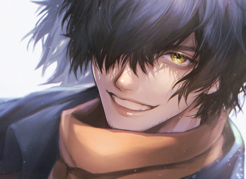 1boy black_hair facial_hair fate/grand_order fate/type_redline fate_(series) goatee_stubble grin hair_over_one_eye japanese_clothes kimono koha-ace light_particles lips looking_at_viewer male_focus medium_hair okada_izou_(fate) one_eye_covered orange_scarf ponytail portrait revision scarf simple_background smile solo stubble teeth white_background yellow_eyes yuta_arata