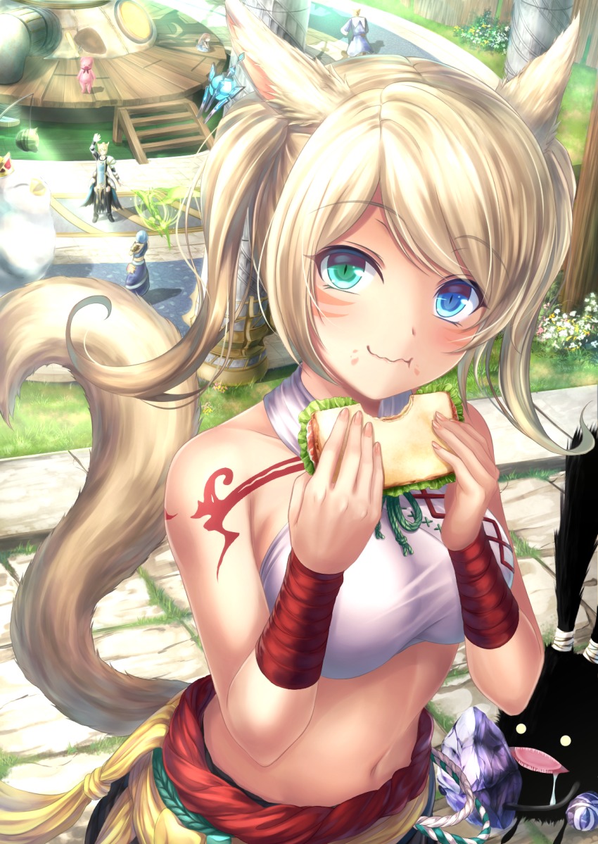 10s 1girl animal_ears bad_id bad_pixiv_id blonde_hair blue_eyes bread drooling earrings eating eyebrows facial_mark fat_chocobo final_fantasy final_fantasy_xiv flower food food_on_face grass green_eyes heterochromia highres holding jewelry looking_at_viewer midriff miqo&#039;te navel sandwich shadow short_hair solo_focus spriggan_(final_fantasy) stairs sunlight tail tattoo tiphereth warrior_of_light_(ff14) waving