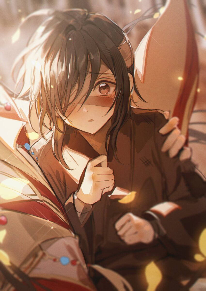 2boys aged_down bandage_over_one_eye bandaged_head bandages black_hair blood bloody_bandages blurry blurry_background blush brown_hanfu carrying carrying_person child chinese_clothes depth_of_field dirty dirty_clothes eyepatch falling_petals from_above gold_trim hair_between_eyes hair_over_one_eye hand_on_another&#039;s_shoulder hanfu head_out_of_frame highres hua_cheng hua_cheng_(young) jewelry light_particles long_hair long_sleeves looking_at_viewer male_focus multiple_boys official_alternate_costume official_alternate_hair_length official_alternate_hairstyle one_eye_covered parted_lips petals red_eyes short_hair solo_focus sparkle tianguan_cifu torn_clothes upper_body white_hanfu wide_sleeves xie_lian xie_lian_(flower_crowned_martial_god) young57440489