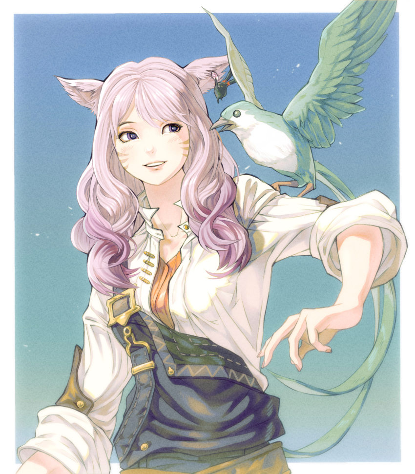 1girl absurdres animal animal_ears animal_on_shoulder arm_at_side warrior_of_light_(ff14) belt_buckle bimel_isabella bird bird_on_shoulder blue_background blue_bird border buckle cat_ears collared_shirt commentary earrings facial_mark final_fantasy final_fantasy_xiv gradient_hair highres jewelry long_hair looking_at_animal looking_to_the_side miqo&#039;te multicolored_hair open_mouth outside_border pink_hair purple_eyes purple_hair shirt sideways_glance single_earring smile solo spriggan_(final_fantasy) standing suspenders two-tone_hair upper_body wavy_hair white_border white_shirt
