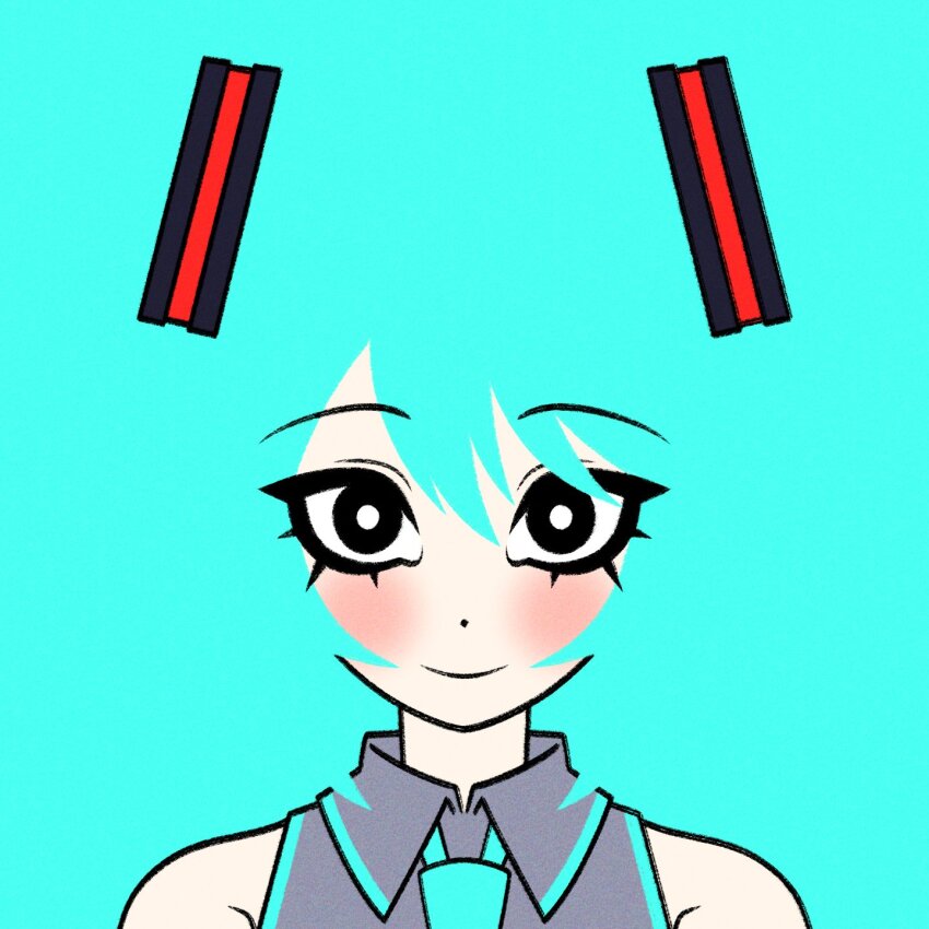 1girl black_eyes blending blue_hair blue_necktie blush bright_pupils closed_mouth collared_shirt commentary cryptidhermit dot_nose english_commentary grey_shirt hatsune_miku highres long_eyelashes looking_at_viewer necktie portrait shirt simple_background sleeveless sleeveless_shirt solo vocaloid white_pupils