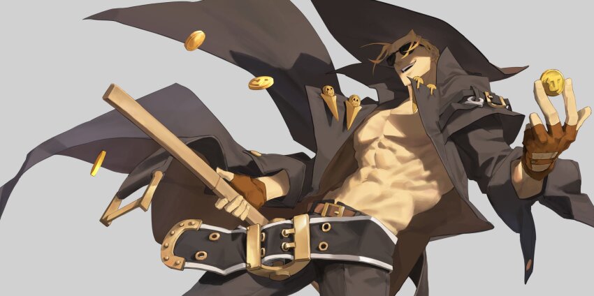 1boy abs arms_up bare_pectorals belt belt_buckle black_belt black_hat black_jacket blonde_hair brown_belt brown_gloves buckle coin commentary_request cowboy_shot fingerless_gloves floating_clothes glove_cutout gloves grey_background grin groin guilty_gear guilty_gear_strive hannim_7h hat highres holding holding_coin holding_weapon jacket johnny_(guilty_gear) korean_commentary male_focus multiple_belts navel open_clothes open_jacket open_mouth outstretched_arm pectorals popped_collar smile solo sunglasses teeth upper_teeth_only weapon wide_brim
