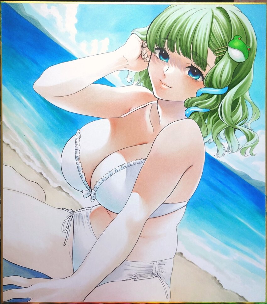 1girl absurdres bare_shoulders beach bikini blue_eyes blue_sky blush breasts cloud cloudy_sky day frilled_bikini frills frog frog_hair_ornament green_hair hair_ornament hand_on_own_head highres kochiya_sanae large_breasts looking_at_viewer medium_hair ocean ribbon sand shaded_face side-tie_bikini_bottom sitting sky smile snake snake_hair_ornament swimsuit touhou traditional_media water white_ribbon whoru