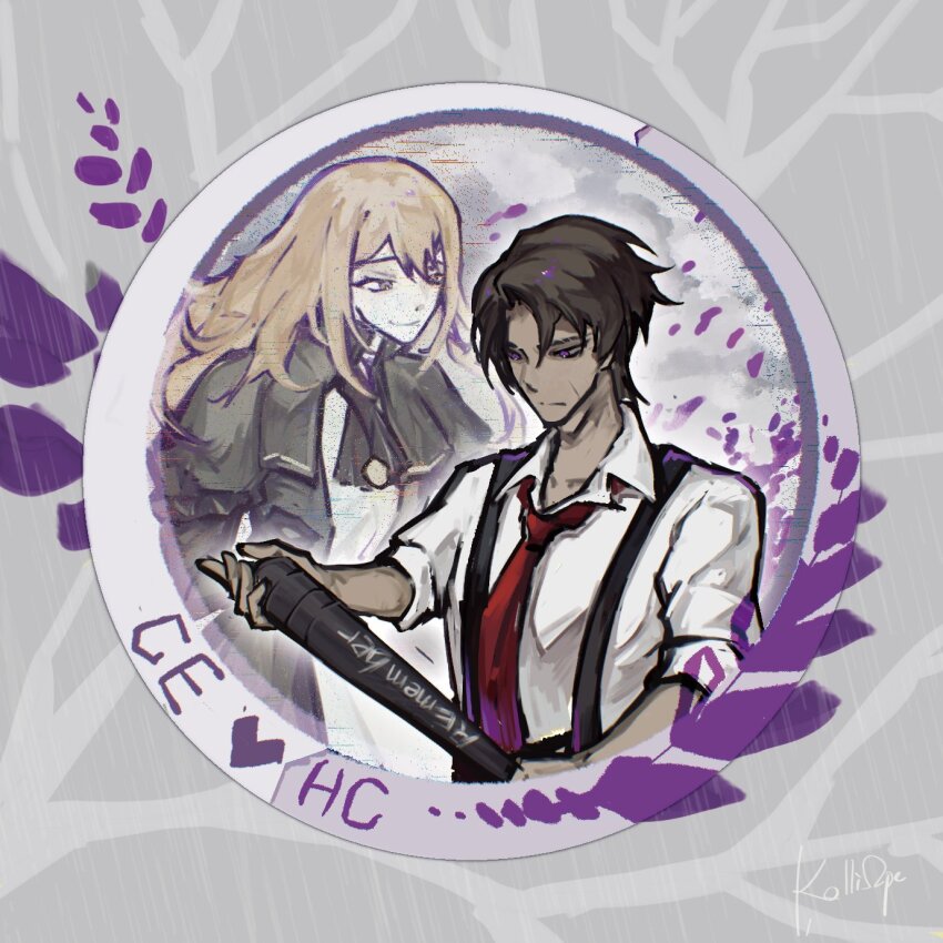 1boy 1girl baseball_bat brown_eyes brown_hair catherine_(project_moon) closed_mouth collared_shirt heathcliff_(project_moon) highres holding holding_baseball_bat kalliope_orc limbus_company long_hair long_sleeves necktie project_moon purple_eyes red_necktie shirt sidelocks suspenders upper_body white_shirt