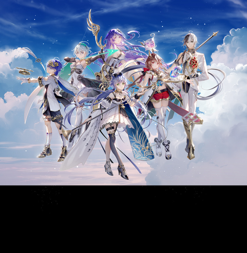 2boys 4girls ahoge aiming ankle_ribbon archery arm_behind_back armlet armored_boots armpits arrow_(projectile) asymmetrical_sleeves bare_shoulders belt black_belt black_bow black_footwear black_gloves black_hair black_ribbon black_shorts black_skirt black_thighhighs blue_cape blue_eyes blue_hair blue_sky boots bow bow_(weapon) bracelet breasts brown_hair cape closed_mouth cloud coat commentary crossed_ankles crossed_legs detached_collar detached_sleeves diadem dragon_print drawing_bow dress egg elbow_gloves empire_waist fantasy floating_hair flower frilled_shorts frilled_thighhighs frills from_side full_body garter_straps gauntlets gloves green_cape green_eyes green_flower grey_hair guan_dao hair_between_eyes hair_bow hair_flower hair_ornament hair_rings hand_up high_heels highres holding holding_arrow holding_bow_(weapon) holding_polearm holding_staff holding_weapon invisible_chair jacket jewelry juliet_sleeves kneehighs leg_ribbon legs_apart light_particles long_hair long_sleeves looking_at_viewer low_ponytail low_twintails luo_tianyi mage_staff medium_breasts midriff miniskirt mo_qingxian multicolored_hair multiple_boys multiple_girls navel neck_ribbon official_art outstretched_arm overskirt pants parted_lips polearm ponytail print_jacket puffy_shorts puffy_sleeves purple_eyes purple_hair red_bow red_eyes red_shorts ribbon shirt short_dress short_hair short_shorts short_sleeves shorts side_cape sideboob single_bare_shoulder single_gauntlet single_glove single_sleeve single_thighhigh single_wide_sleeve sitting skirt sky sleeveless sleeveless_coat sleeveless_dress sleeveless_shirt smile socks spaghetti_strap split-color_hair staff standing straight-on thigh_boots thigh_strap thighhighs tidsean twintails uneven_sleeves very_long_hair vocaloid vsinger_(vocaloid) watson_cross weapon white_coat white_dress white_flower white_footwear white_gloves white_hair white_jacket white_pants white_shirt white_shorts white_socks white_thighhighs wrist_cuffs wrist_ribbon yanhe yuezheng_ling yuezheng_longya zhiyu_moke