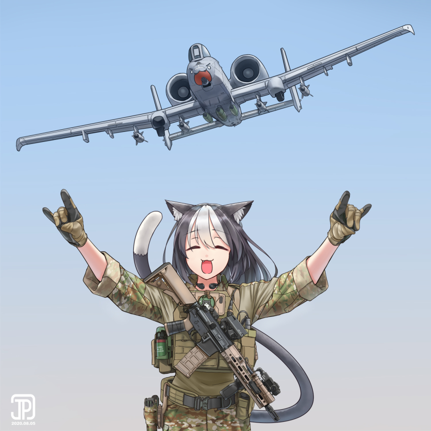 1girl \m/ a-10_thunderbolt_ii agm-65_maverick air-to-surface_missile aircraft airplane animal_ears artist_logo assault_rifle attack_aircraft autocannon black_hair camouflage cannon cat_ears cat_girl close_air_support commentary dated desert_camouflage destruction double_\m/ double_fox_shadow_puppet english_commentary explosive foregrip fox_shadow_puppet gatling_gun gau-8_avenger glock gun gun_sling gunship h&amp;k_hk416 handgun highres holstered jet jpc load_bearing_vest logo military military_operator military_vehicle multiple-barrel_gun original precision-guided_munition rifle rotary_cannon sling_(weapon) soldier solo vehicle_focus weapon white_hair woodland_camouflage