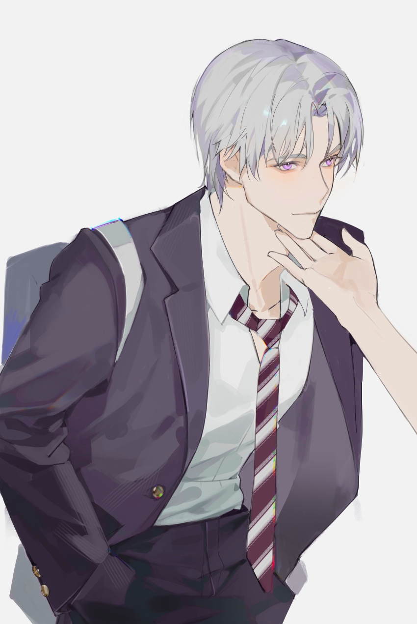 1boy 1girl absurdres bag black_jacket black_pants buttons charlie_su collared_shirt denpa0304 diagonal-striped_clothes diagonal-striped_necktie eyelashes grey_background grey_hair hand_on_another&#039;s_chin highres jacket lapels light_and_night_love light_blush light_smile long_sleeves looking_at_another male_focus necktie notched_lapels open_clothes open_jacket pants parted_bangs protagonist_(light_and_night_love) purple_eyes school_bag school_uniform shirt short_hair simple_background solo_focus striped_clothes upper_body white_shirt
