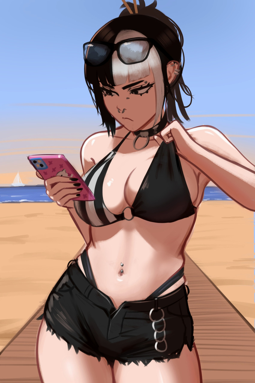 1girl adjusting_clothes adjusting_swimsuit beach bikini bikini_tug black_bikini black_eyes black_hair black_shorts blunt_bangs bra breasts cellphone choker cleavage ear_piercing eyewear_on_head face_piercing hair_ornament hair_stick highleg highleg_bikini highres holding holding_phone large_breasts lip_piercing looking_at_phone mika_(veyonis) multicolored_bikini multicolored_hair navel navel_piercing o-ring o-ring_bikini ocean original phone piercing pout shorts skindentation sky smartphone solo stomach striped_bikini striped_clothes swimsuit thighs two-tone_bikini two-tone_hair underwear veyonis