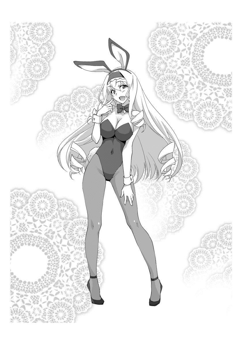1girl animal_ear_hairband animal_ears bow bowtie breasts cecilia_alcott cleavage detached_collar fake_animal_ears frilled_hairband frills greyscale hairband high_heels highres infinite_stratos large_breasts leotard long_hair looking_at_viewer monochrome pantyhose playboy_bunny rabbit_ears smile solo standing strapless strapless_leotard wrist_cuffs yuuki_homura