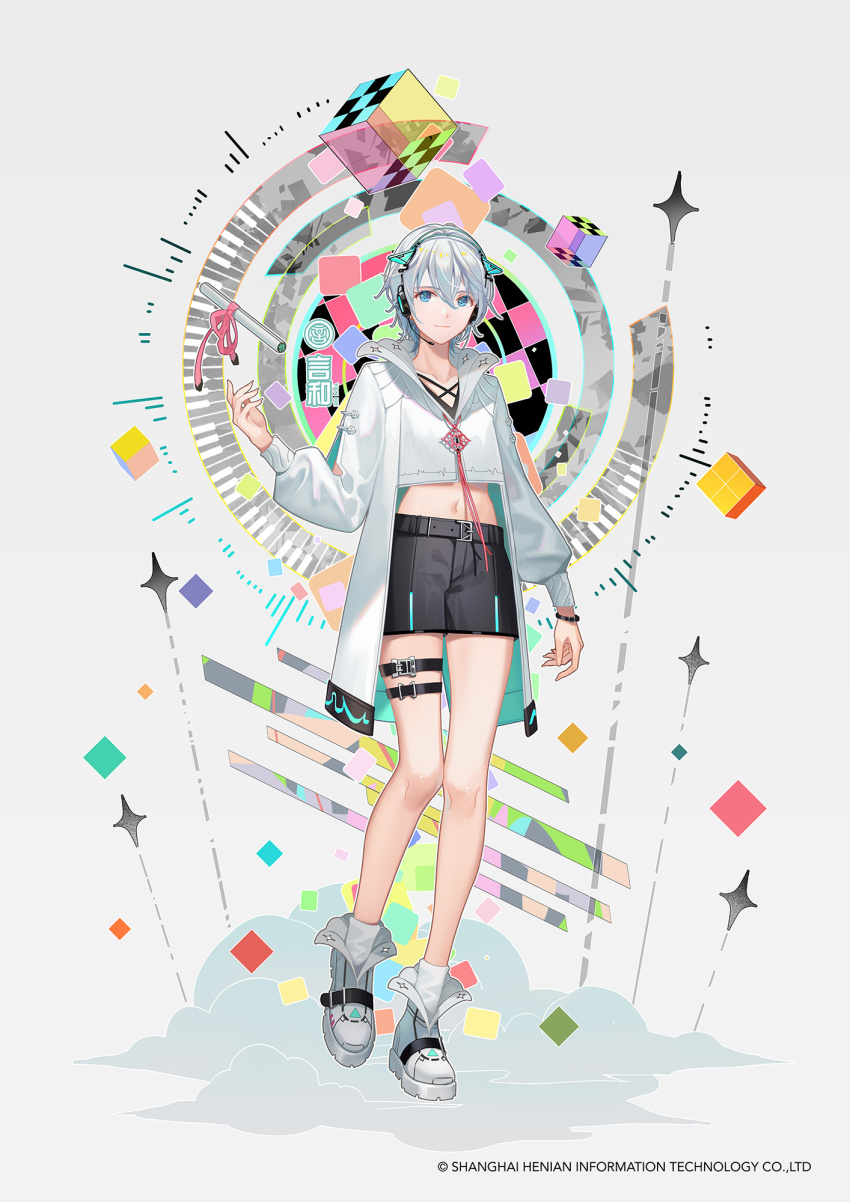 1girl androgynous animal_ears belt black_shorts blue_eyes bracelet cat_ears character_name chinese_commentary collarbone commentary_request crop_top cube full_body graphic_equalizer headphones highres instrument jacket jewelry keyboard_(instrument) looking_at_viewer midriff navel scroll shoes short_hair shorts smile sneakers solo standing star_(symbol) tassel thigh_strap tidsean vocaloid vsinger_(vocaloid) white_hair white_jacket white_shoes yanhe