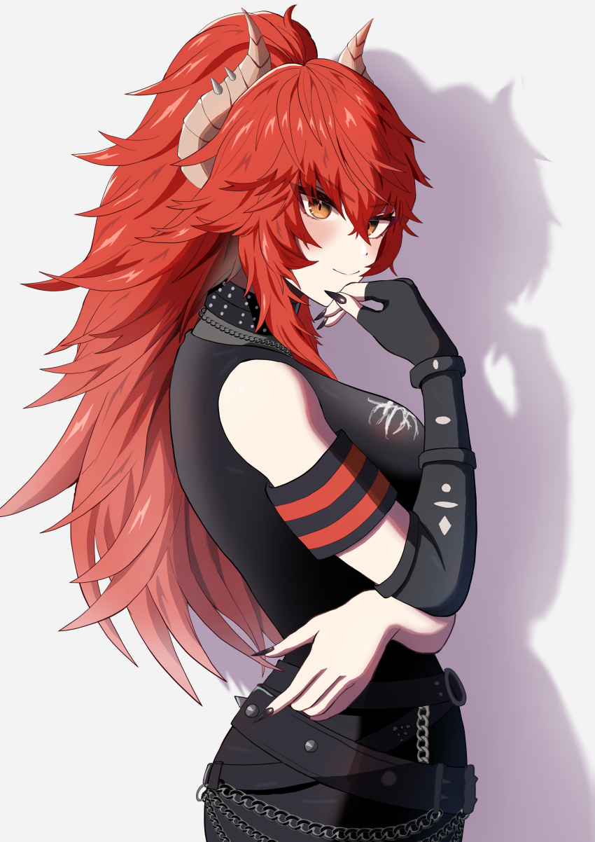 1girl absurdres belt black_belt black_choker black_gloves black_nails black_shirt black_skirt blush choker closed_mouth dragon_girl dragon_horns elbow_gloves fingerless_gloves gloves highres horns long_hair looking_at_viewer meibin nail_polish ponytail red_hair shadow shirt single_glove skirt solo virtual_youtuber vshojo yellow_eyes zentreya zentreya_(dragon) zentreya_(dragon)_(metalheads)