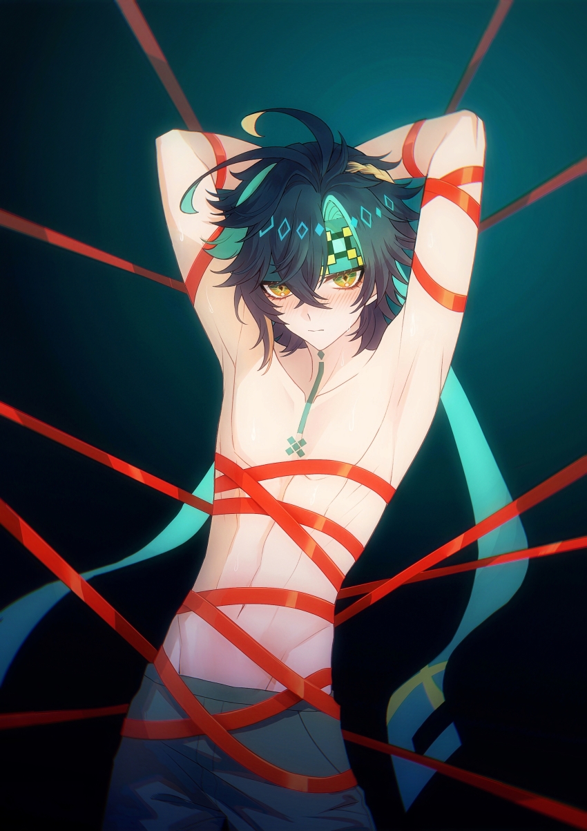 1boy absurdres arms_behind_head arms_up bdsm black_hair black_pants closed_mouth erzplubdduik93g genshin_impact gradient_background green_eyes green_hair green_headband hair_between_eyes headband highres jewelry kinich_(genshin_impact) looking_at_viewer male_focus multicolored_hair navel pants radial_gradient_background red_ribbon ribbon short_hair solo stomach streaked_hair topless_male