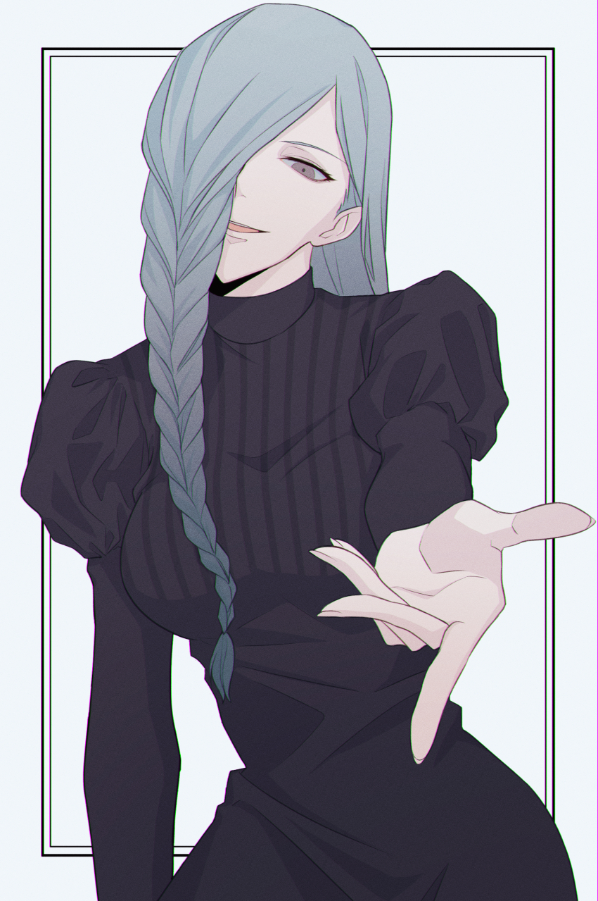 1girl absurdres akhr1029 black_dress border braid braided_bangs braided_ponytail breasts dress hair_over_face hair_over_one_eye highres jujutsu_kaisen long_hair long_sleeves looking_at_viewer mei_mei_(jujutsu_kaisen) one_eye_covered smile solo tight_clothes tight_dress turtleneck turtleneck_dress upper_body white_background white_border white_hair