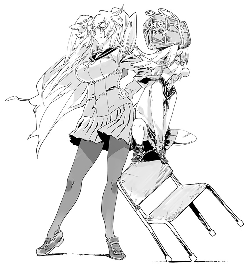 anne_bonny_(fate) breasts chair fate/grand_order fate_(series) greyscale highres i-iv_(longman) large_breasts long_hair mary_read_(fate) monochrome multiple_girls non-web_source official_art pantyhose scar school_uniform small_breasts smile
