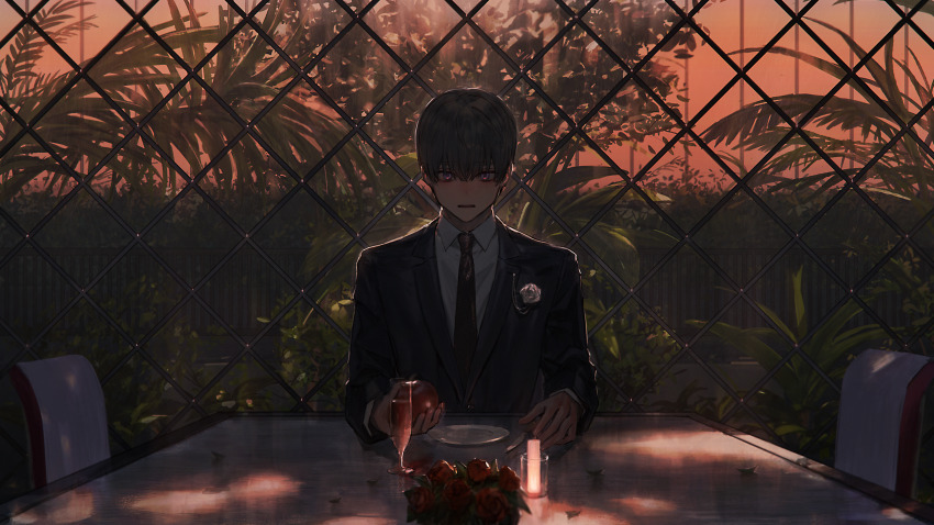 1boy apple black_jacket brown_hair candle chain-link_fence chair champagne_flute collared_shirt cup drinking_glass fence flower food fruit hair_between_eyes highres hirota_tsuu holding holding_food holding_fruit jacket long_sleeves looking_at_viewer male_focus necktie orange_sky original palm_tree plate pov purple_eyes red_flower red_necktie red_rose rose shirt sitting sky solo tree white_shirt wing_collar