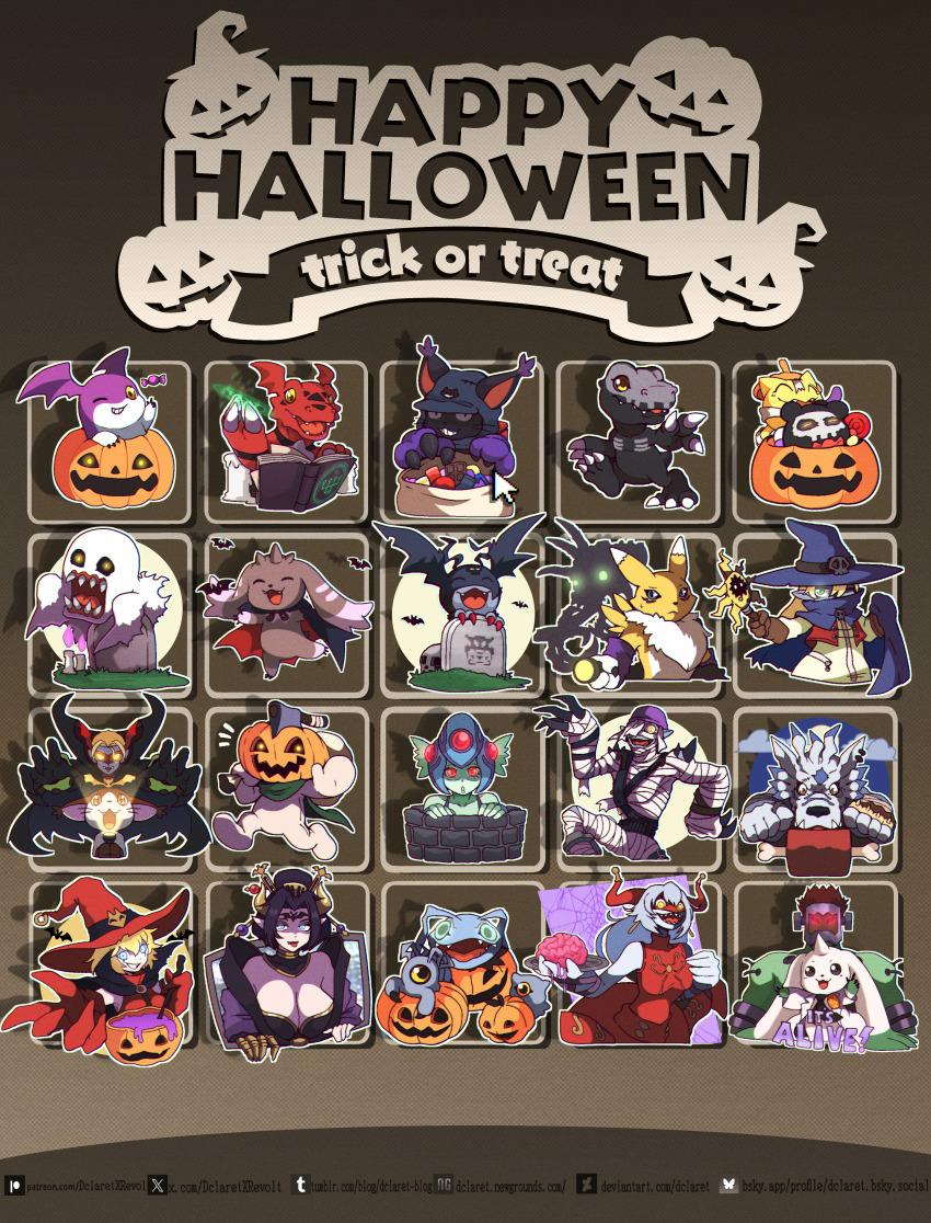 absurdres agumon_(black) andromon archnemon bakemon blacktailmon_uver. boltmon botamon brain breasts dclaret demon demon_girl devimon digimon digimon_(creature) fallen_angel guilmon halloween highres keramon kuramon lilithmon lopmon mark_of_evil mikemon mummymon nyaromon picodevimon pumpmon ranamon renamon skullgreymon terriermon_assistant tsumemon tukaimon vamdemon weregarurumon wings witchmon wizarmon