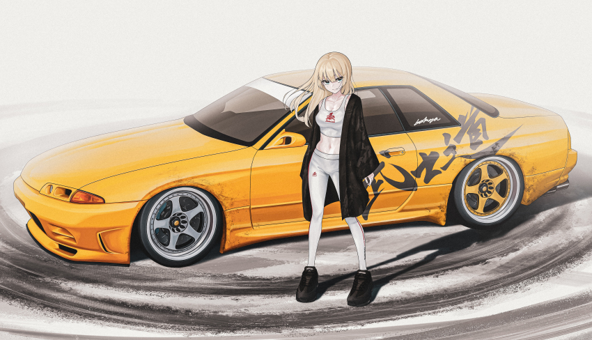 1girl absurdres black_coat black_eyes black_shoes blonde_hair bokuya breasts car cleavage closed_mouth coat commentary_request crop_top highres leggings long_hair long_sleeves medium_breasts mole mole_under_eye motor_vehicle navel nissan nissan_skyline nissan_skyline_r32 open_clothes open_coat original shoes sneakers solo sports_bra sports_car standing vehicle_focus white_leggings white_sports_bra