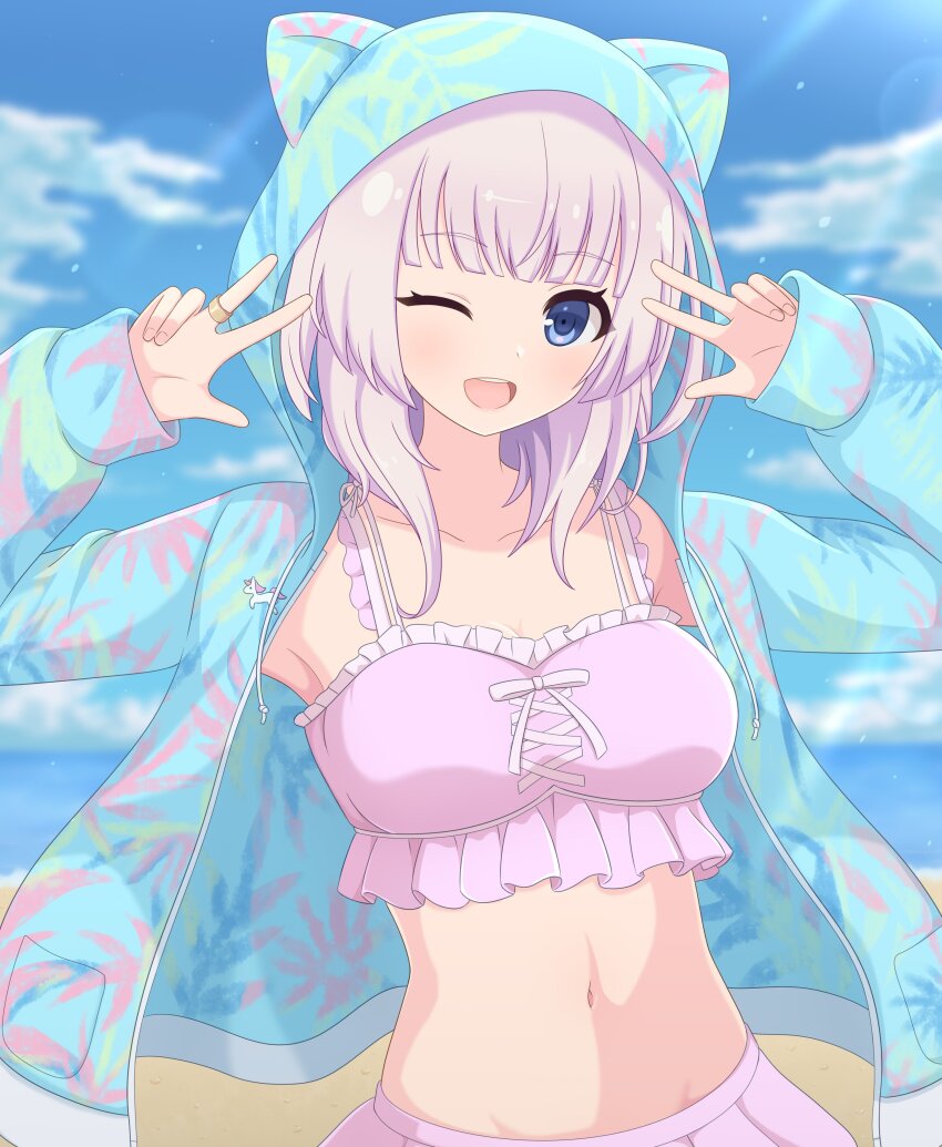 1girl ;d absurdres animal_ear_hood assault_lily beach bikini bikini_skirt blue_eyes blue_jacket blue_sky blunt_bangs blurry blurry_background blush breasts cleavage cloud collarbone commentary cross-laced_bikini cross-laced_clothes day double_v drawstring fake_animal_ears fingernails floral_print frilled_bikini frills groin hands_up haniwa_(kiminozorazio) highres hood hood_up hooded_jacket horizon jacket jewelry large_breasts light_particles long_hair long_sleeves looking_at_viewer navel ocean official_alternate_costume one_eye_closed open_clothes open_jacket open_mouth outdoors pink_bikini pink_hair print_jacket ring sky smile solo stomach sunlight swimsuit tamba_akari teeth upper_body upper_teeth_only v