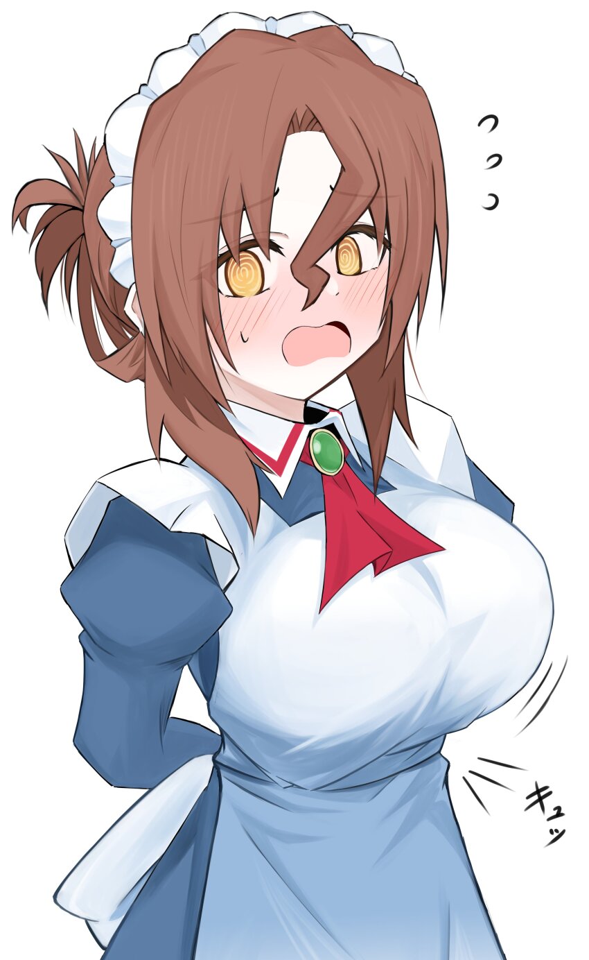 1girl @_@ absurdres apron blush breasts brown_hair dress embarrassed folded_ponytail hayate_no_gotoku! highres jewelry juliet_sleeves large_breasts long_hair long_sleeves maid maid_headdress maria_(hayate_no_gotoku!) open_mouth puffy_sleeves red_eyes solo