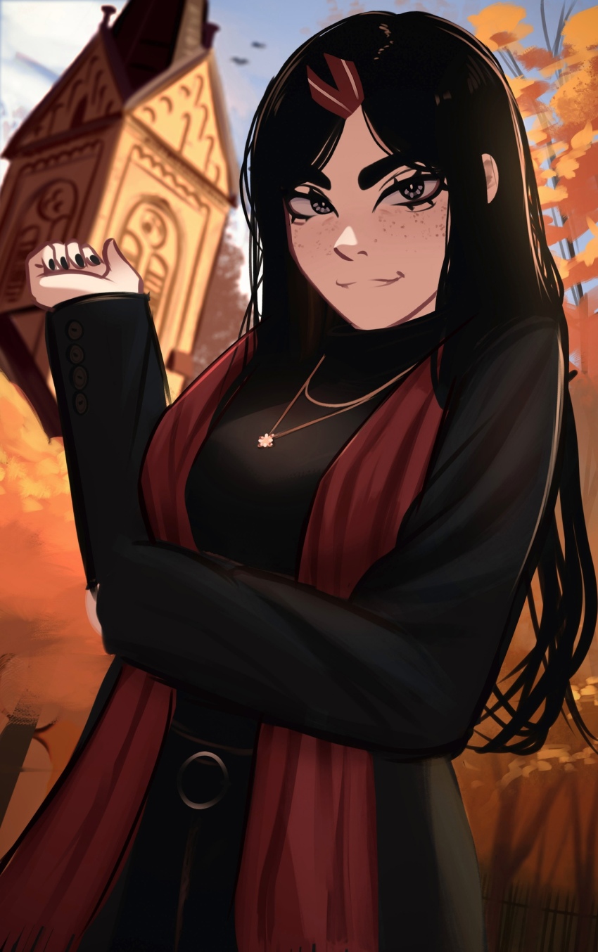 autumn autumn_colors autumn_leaves fashion freckles highres kadence_(veyonis) leaf tagme veyonis