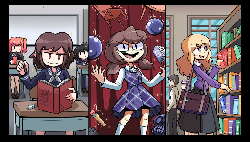 bag black_skirt blonde_hair book brown_eyes brown_hair chair curtains desk eraser glasses grimoire highres holding holding_pencil indoors kevin_arthur maribel_hearn multiple_girls necktie occult_ball pencil plaid_clothes plaid_skirt plaid_vest school school_bag school_chair school_desk school_uniform shelf skirt skull smile socks telekinesis touhou twintails usami_renko usami_sumireko vest white_socks window