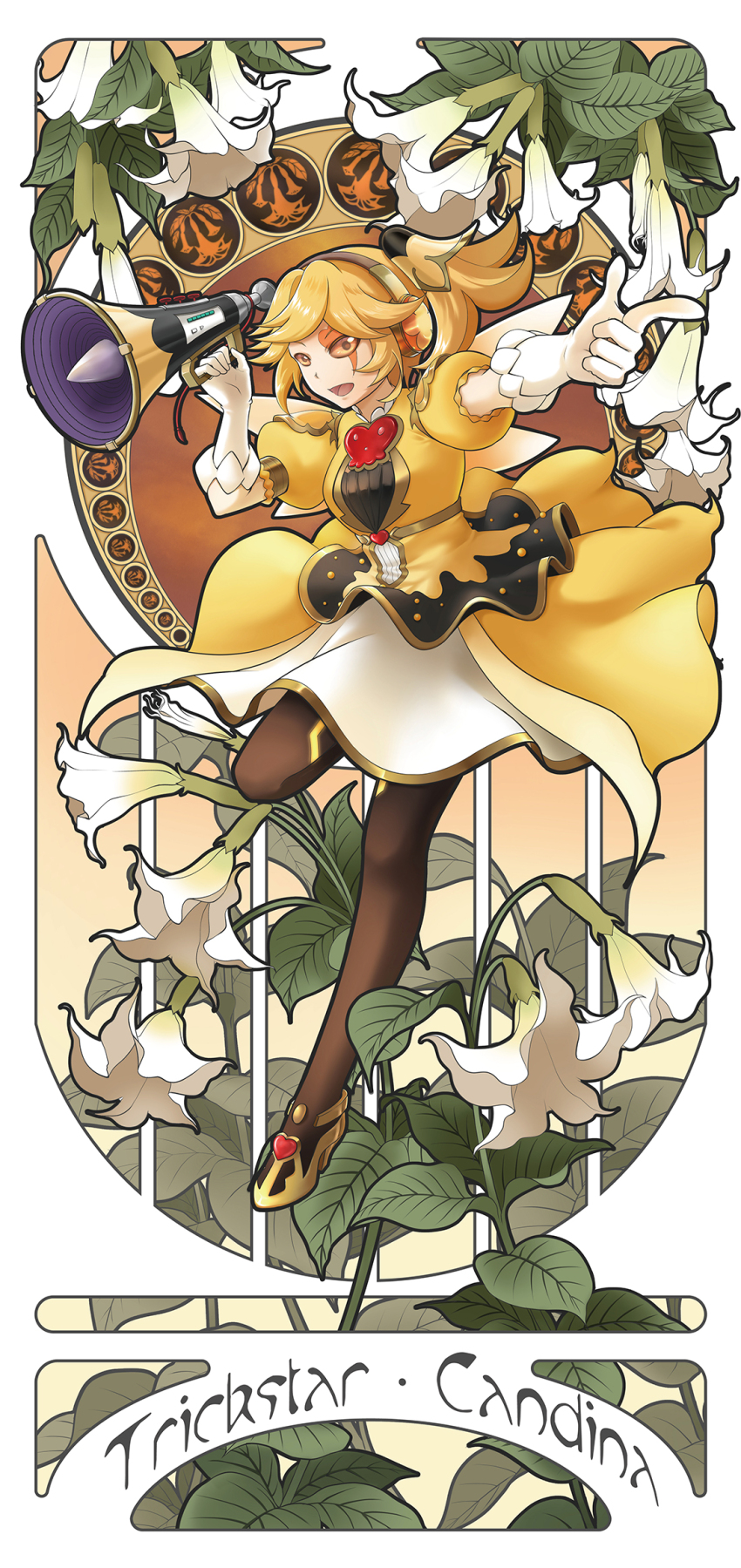 1girl art_nouveau black_pantyhose breasts character_name dress duel_monster flower gloves headphones high_heels highres holding holding_megaphone idol idol_clothes looking_at_viewer medium_breasts megaphone open_mouth orange_dress orange_eyes orange_hair pantyhose pink_flower puffy_short_sleeves puffy_sleeves short_sleeves solo trickstar_candina white_gloves xix06 yu-gi-oh!