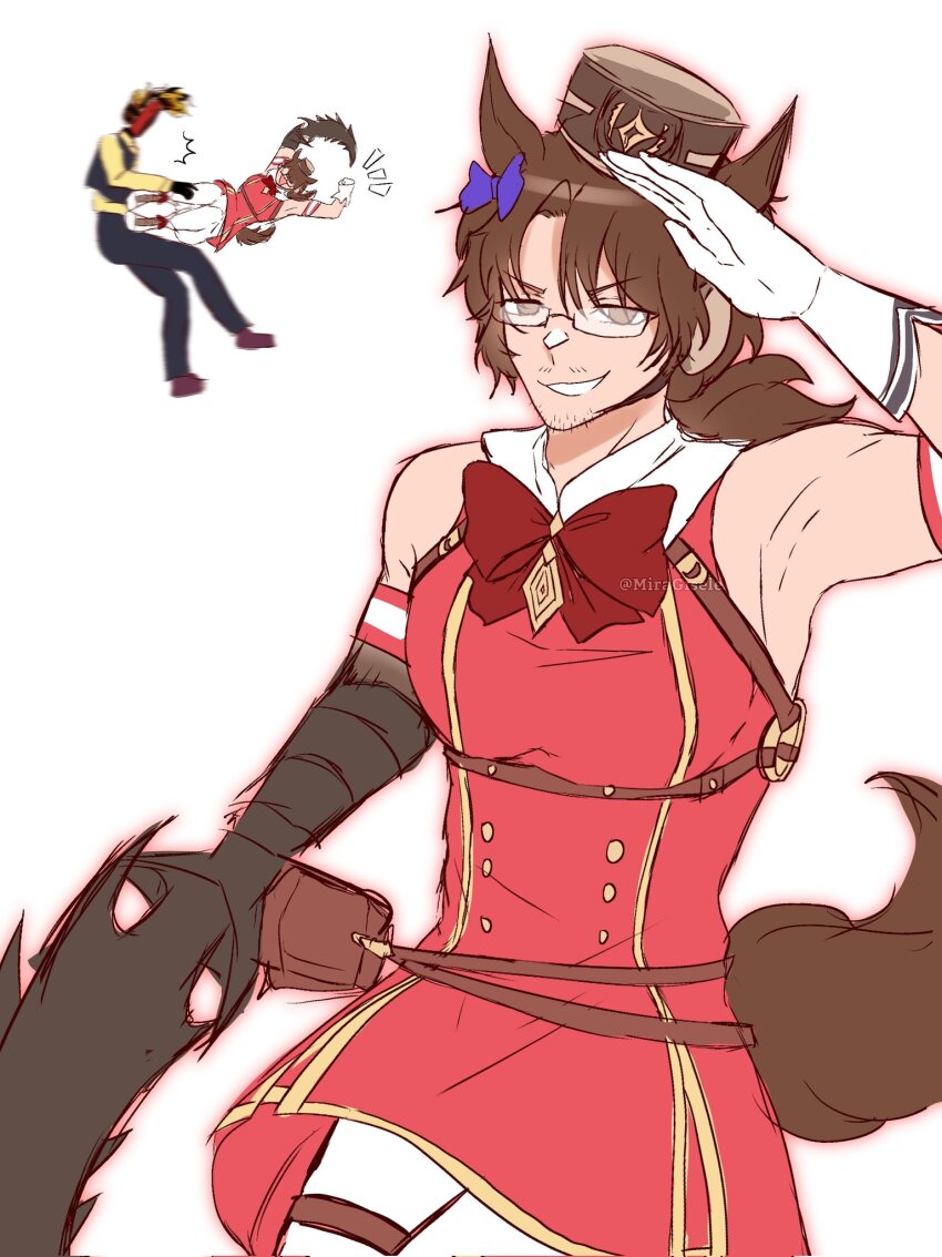 1boy 1other alternate_costume animal_ears armpits black_pants bow brown_hair bug_arm commentary cosplay cowboy_shot dante_(limbus_company) drop_kick english_commentary flying_kick full_body glasses gloves gold_ship_(umamusume) gold_ship_(umamusume)_(cosplay) gregor_(project_moon) hand_up hat highres horse_boy horse_ears horse_tail kicking limbus_company miramsm_20 pants project_moon red_bow shirt short_hair simple_background smirk tail umamusume white_background white_gloves yellow_shirt