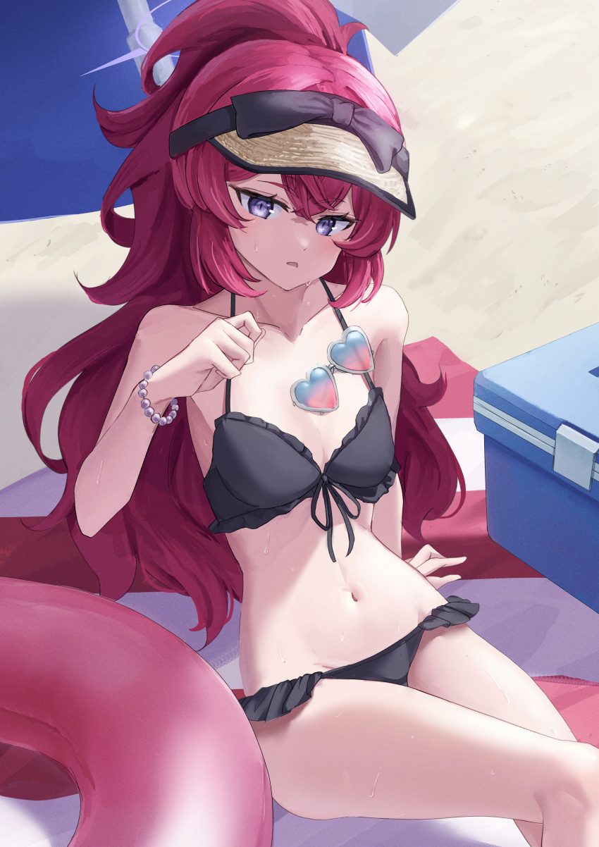 1girl absurdres bikini black_bikini blue_archive blush bracelet breasts collarbone frilled_bikini frills front-tie_bikini_top front-tie_top gradient-tinted_eyewear highres innertube iroha_(blue_archive) jewelry long_hair looking_at_viewer mat outdoors pearl_bracelet purple_eyes red_hair sitting small_breasts solo sweatdrop swim_ring swimsuit tinted_eyewear unworn_eyewear very_long_hair visor_cap yakishio_(yakishio_236)