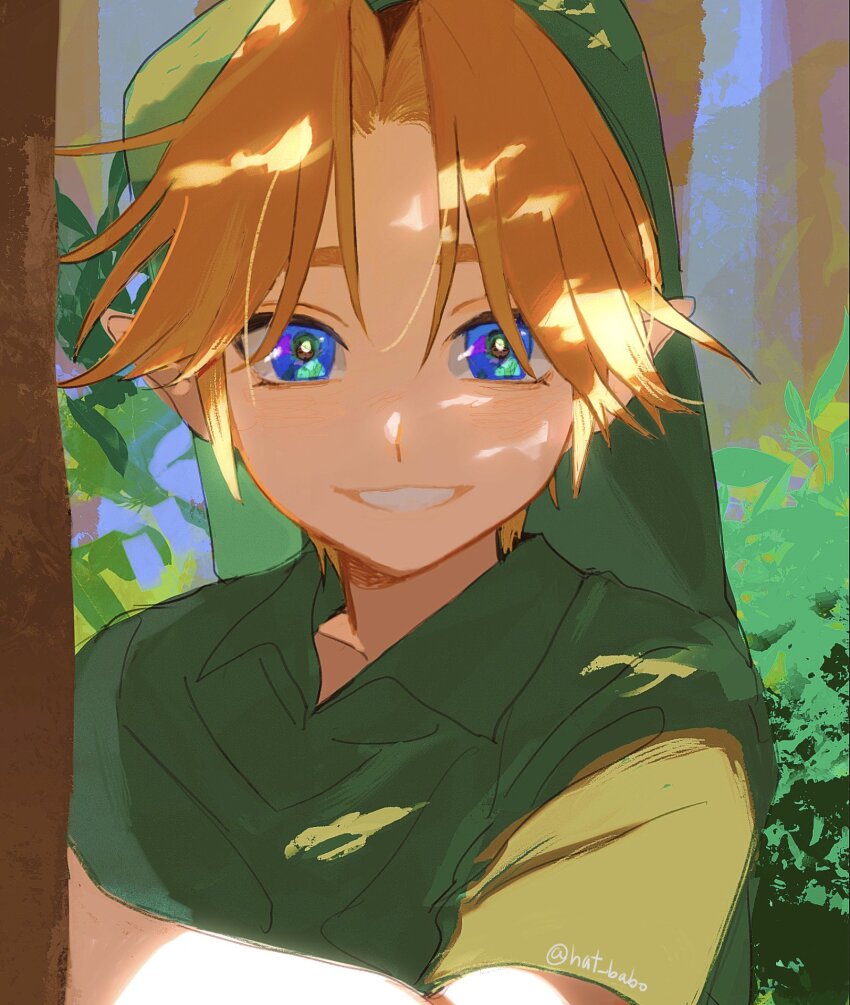 1boy 1girl blonde_hair blue_eyes bush dappled_sunlight day eye_reflection forest grass green_hairband green_sweater green_tunic hairband hat hat_babo highres instrument kokiri link looking_at_viewer male_focus nature nintendo ocarina outdoors plant pointy_ears reflection saria_(zelda) scenery shirt short_hair short_sleeves smile sunlight sweater the_legend_of_zelda the_legend_of_zelda:_ocarina_of_time tree tunic young_link