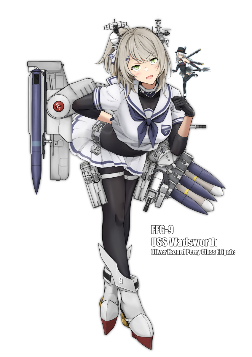 2girls absurdres anchor autocannon black_bodysuit bodysuit cannon close-in_weapon_system electronic_firearm frigate full_body gatling_gun gloves green_eyes gun hair_color_request highres m61_vulcan mecha_musume military mini_person minigirl missile mk13_missile_launcher mosamosaobake multiple-barrel_gun multiple_girls original personification phalanx_ciws pleated_skirt rotary_cannon sailor_collar skirt tagme torpedo_launcher united_states_navy uss_wadsworth_(ffg-9) warship