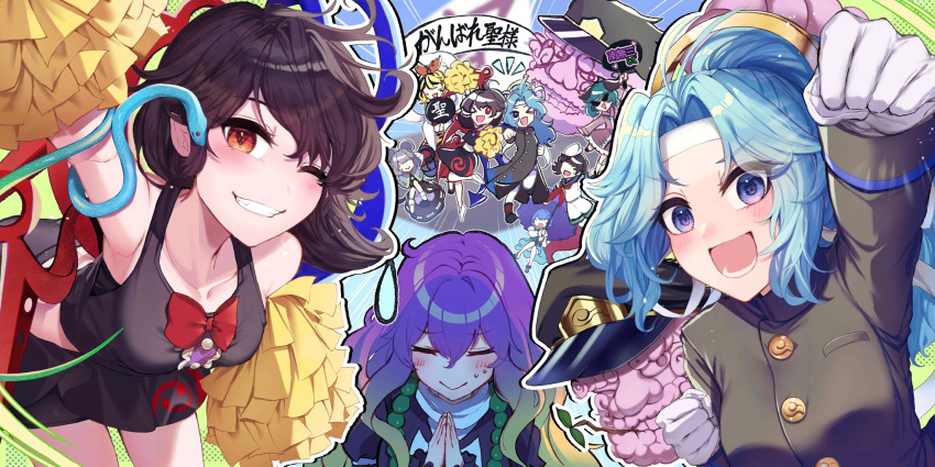 &gt;_o 6+girls alternate_costume armpits black_hair black_jacket black_shirt black_shoes black_skirt blue_hair blush bow breasts buttons cheerleader clenched_teeth closed_eyes closed_mouth collarbone comedic_sweatdrop cosplay gakuran game_cg gloves grin hat highres hijiri_byakuren holding holding_umbrella houjuu_nue ishikawa_sparerib jacket jojo_no_kimyou_na_bouken kasodani_kyouko kujo_jotaro_(cosplay) kumoi_ichirin kuujou_joutarou large_breasts leaning_forward long_hair long_sleeves looking_at_viewer medium_breasts medium_hair midriff multiple_girls murasa_minamitsu nazrin no_eyes official_art one_eye_closed open_mouth ouendan own_hands_together palms_together parted_bangs peaked_cap pom_pom_(cheerleading) pom_pom_(clothes) ponytail purple_eyes purple_hair purple_umbrella red_bow red_eyes school_uniform shirt shoes skirt smile snake sunglasses sweat teeth third-party_source toramaru_shou touhou touhou_lostword translation_request umbrella unzan white_gloves