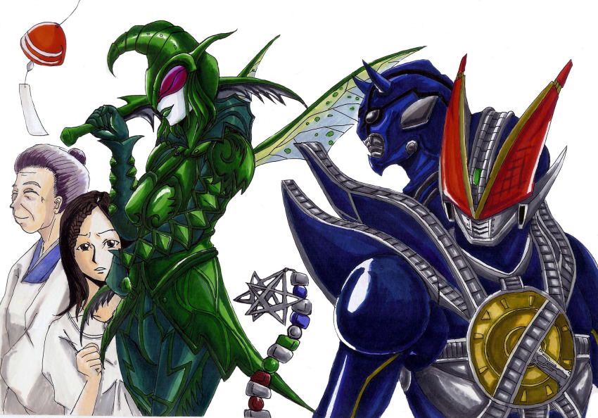 2boys 3girls arthropod_girl artist_request black_eyes compound_eyes episode_blue:_the_dispatched_imagin_is_new_tral highres holding holding_weapon kamen_rider kamen_rider_den-o_(series) kamen_rider_new_den-o kamen_rider_new_den-o_(strike_form) mantis_girl mantis_imagin multiple_boys multiple_girls purple_eyes red_eyes simple_background teddy_(kamen_rider_den-o) upper_body weapon white_background wind_chime