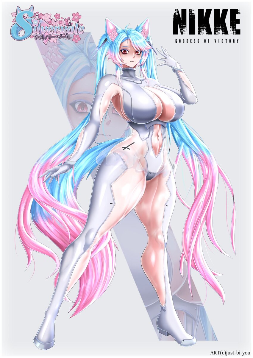 1girl animal_ear_fluff animal_ears blue_hair bodysuit breasts cinderella_(nikke) cinderella_(nikke)_(cosplay) cleavage clothing_cutout cosplay gloves goddess_of_victory:_nikke gradient_hair gradient_tail hair_between_eyes highres indie_virtual_youtuber just-bi-you large_breasts long_hair looking_at_viewer multicolored_hair multicolored_tail navel pink_hair pink_tail red_eyes see-through_clothes shaded_face sidelocks silvervale simple_background solo tail thighs twintails virtual_youtuber white_bodysuit wolf_ears wolf_girl wolf_tail