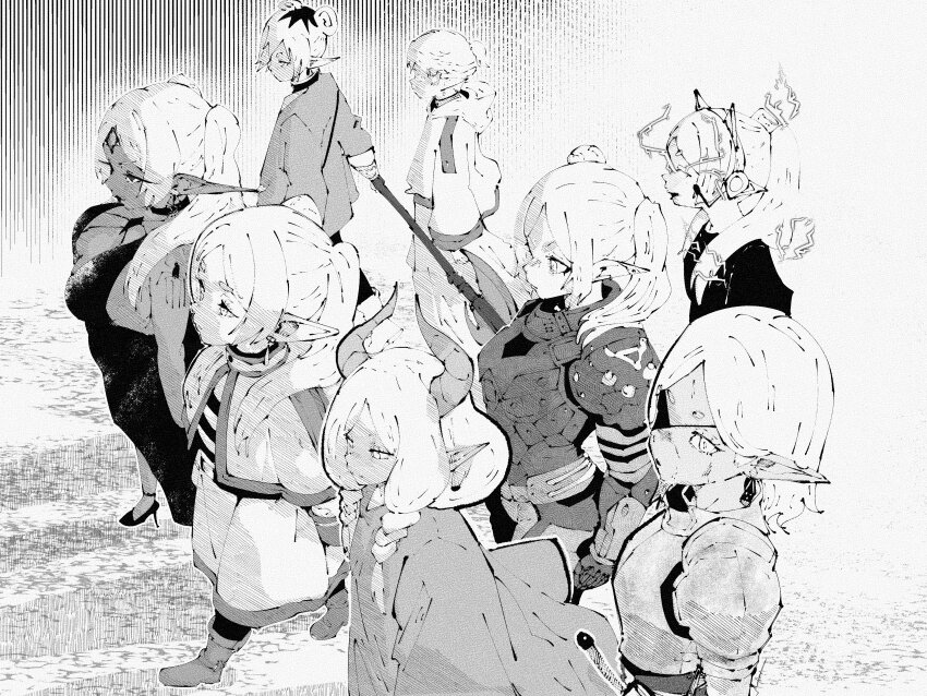 6+girls absurdres alternate_breast_size alternate_costume alternate_hairstyle alternate_species axe black_dress breasts cleavage closed_eyes dark_elf demon demon_horns dress elf eyepatch frieren highres holding holding_weapon horns knight long_hair miregeist multiple_girls pointy_ears smile sousou_no_frieren sparkle walking weapon