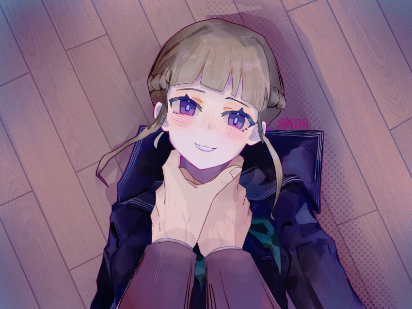 1girl 1other absurdres black_serafuku blunt_bangs blush braid breasts bright_pupils brown_hair commentary_request euphoria_(clockup) green_neckerchief grin half_up_braid hands_on_another&#039;s_neck head_tilt highres looking_at_viewer lying manaka_nemu medium_breasts neckerchief on_back on_floor polka_dot_shadow purple_eyes school_uniform serafuku short_hair sidelocks smile twitter_username upper_body white_pupils yihi