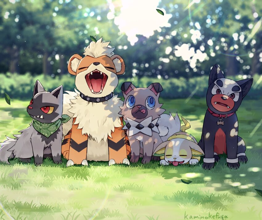 :q animal_collar animal_focus black_fur blue_eyes blurry blurry_background brown_eyes closed_eyes collar colored_sclera falling_leaves fangs gen_1_pokemon gen_2_pokemon gen_3_pokemon gen_7_pokemon gen_8_pokemon green_scarf grey_fur growlithe highres houndour kaminokefusa leaf looking_at_viewer nintendo no_humans on_grass outdoors pokemon pokemon_(creature) poochyena red_eyes rockruff scarf sharp_teeth sitting species_connection sunlight teeth tongue tongue_out tree yamper yawning yellow_sclera