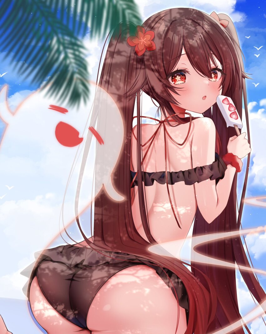 1girl 1other alternate_costume ass bare_shoulders bikini blush boo_tao_(genshin_impact) brown_hair flower from_behind genshin_impact ghost gradient_hair hair_flower hair_ornament hu_tao_(genshin_impact) ineka_ka long_hair looking_at_viewer looking_back multicolored_hair open_mouth red_eyes red_hair swimsuit twintails very_long_hair