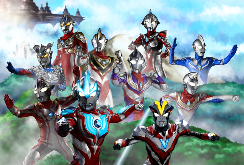 6+boys alien blue_bodysuit bodysuit castle cloud cloudy_sky color_timer cowboy_shot day everyone fighting_stance forest giant glowing glowing_eyes highres male_focus mountain mountaintop multicolored_bodysuit multicolored_eyes multiple_boys nature neofrontier no_humans outdoors red_bodysuit sky tokusatsu two-tone_eyes ultra_series ultraman_cosmos ultraman_cosmos_(luna_mode) ultraman_cosmos_(series) ultraman_dyna ultraman_dyna_(flash_type) ultraman_dyna_(series) ultraman_gaia ultraman_gaia_(series) ultraman_ginga ultraman_ginga_(series) ultraman_ginga_s ultraman_max ultraman_max_(series) ultraman_mebius ultraman_mebius_(series) ultraman_nexus ultraman_nexus_(series) ultraman_nexus_junis ultraman_tiga ultraman_tiga_(multi_type) ultraman_tiga_(series) ultraman_victory ultraman_zero white_eyes yellow_eyes
