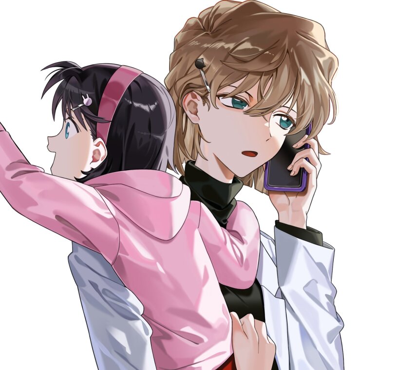 2girls :d black_hair black_shirt brown_hair carrying carrying_person cellphone green_eyes hair_ornament hairband highres holding holding_phone hood hooded_jacket jacket lab_coat long_sleeves maka_(maka04021) meitantei_conan miyano_shiho multiple_girls open_mouth phone pink_hairband pink_jacket rabbit_hair_ornament shirt short_hair simple_background smartphone smile upper_body white_background yoshida_ayumi