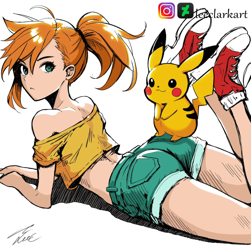 1girl :&lt; aqua_shorts artist_name ass bare_shoulders closed_mouth crop_top cropped_shirt denim denim_shorts feet_up gen_1_pokemon green_eyes green_shorts hair_between_eyes instagram_logo leeclarkart looking_at_viewer looking_back lying midriff misty_(pokemon) nintendo off-shoulder_shirt off_shoulder on_stomach orange_hair patreon_logo pikachu pokemon pokemon_(anime) pokemon_(classic_anime) pokemon_(creature) pokemon_rgby ponytail shirt shoelaces shoes short_shorts shorts side_ponytail simple_background sneakers the_pose twitter_logo white_background yellow_shirt