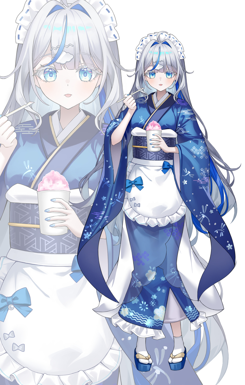 1girl absurdres aokumo_rin apron blue_bow blue_hair blue_kimono blue_sandals bow full_body highres japanese_clothes kimono long_hair long_sleeves looking_at_viewer maid_apron maid_headdress mella_(mell_a12) multicolored_hair okobo open_mouth platform_sandals sandals simple_background smile socks stellive streaked_hair tabi virtual_youtuber white_background white_hair white_socks wide_sleeves zoom_layer