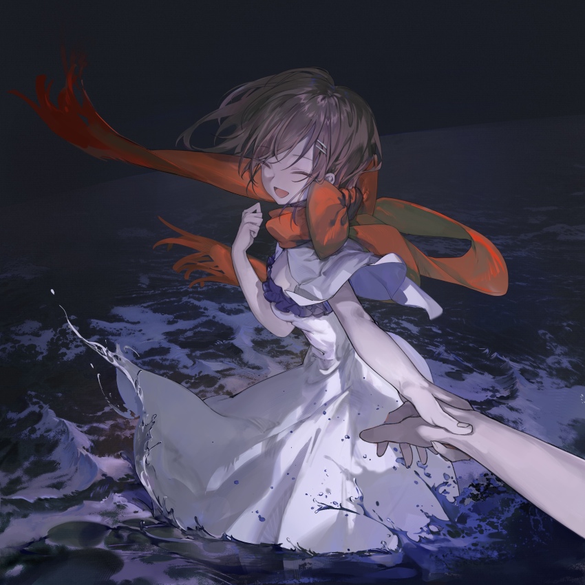 1girl absurdres amano_(amn_amn) bow brown_hair closed_eyes commentary_request dark dissolving_clothes dress facing_viewer floating_clothes floating_hair hair_ornament hairclip hand_up highres holding_hands night night_sky ocean original outdoors pov pov_hands red_bow red_scarf scarf short_hair sky smile solo standing wading waves white_dress