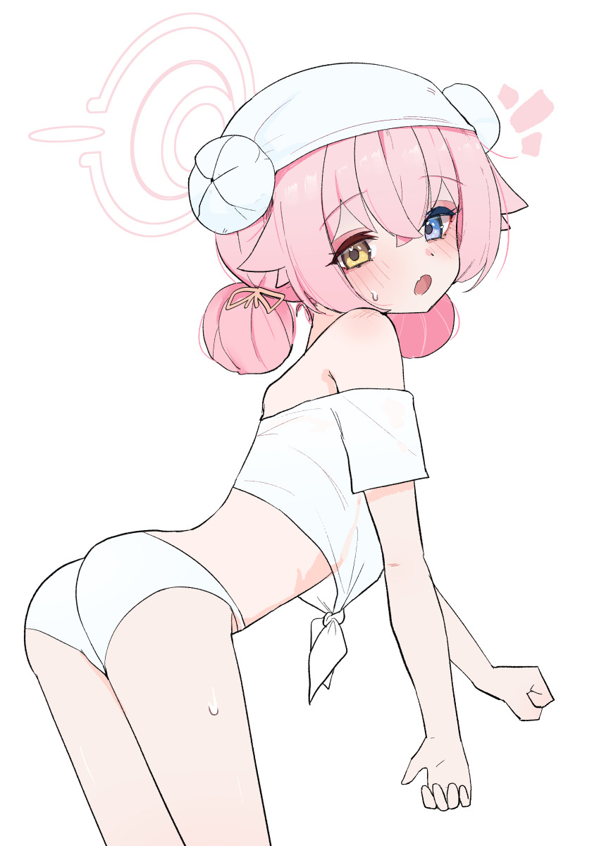 1girl absurdres ass bare_shoulders blue_archive blue_eyes blush commentary double_bun fang hair_between_eyes hair_bun hair_ribbon halo heart heart_in_eye heterochromia high_(hgih) highres hoshino_(blue_archive) korean_commentary loli looking_at_viewer open_mouth panties pink_hair pink_halo pink_ribbon ribbon shirt shoulder_blush simple_background skin_fang solo sweatdrop symbol_in_eye thighs tied_shirt underwear white_background white_panties white_shirt yellow_eyes