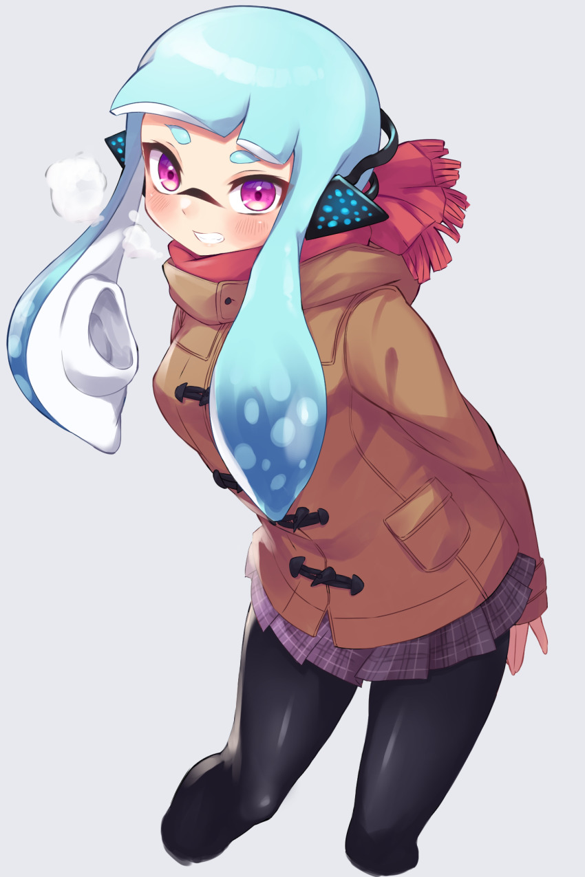 1girl arms_behind_back black_pantyhose blue_hair blue_skirt blunt_bangs blush breath brown_coat coat commentary cropped_legs fringe_trim grey_background grin headgear highres inkling inkling_girl inkling_player_character leaning_forward long_hair looking_at_viewer miniskirt nintendo pantyhose penguin_maru_(penginmaru) plaid_clothes plaid_skirt pleated_skirt purple_eyes red_scarf scarf school_uniform simple_background skirt smile solo splatoon_(series) squidbeak_splatoon standing tentacle_hair toggles twintails winter_clothes