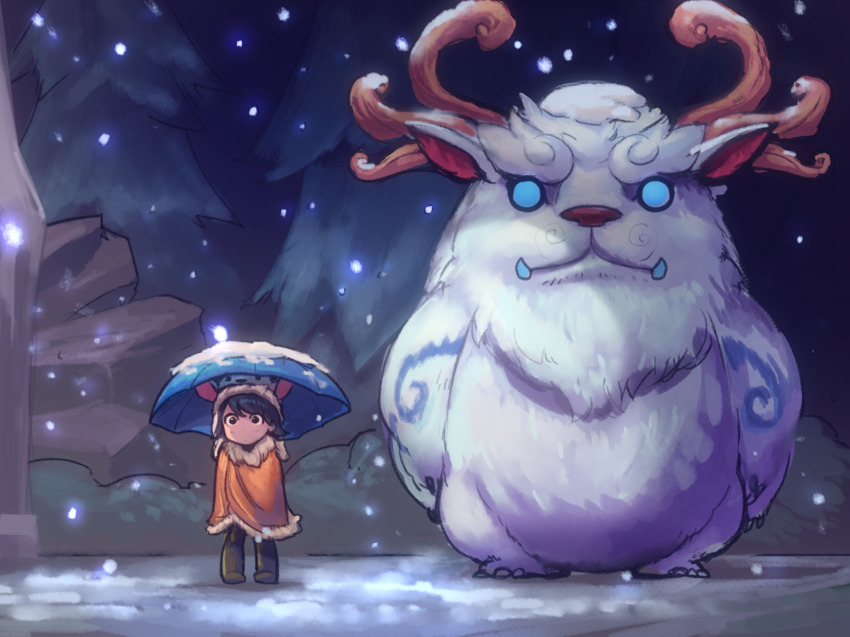 black_hair highres league_of_legends nunu_(league_of_legends) outdoors parody phantom_ix_row poncho snow standing totoro umbrella willump winter winter_clothes