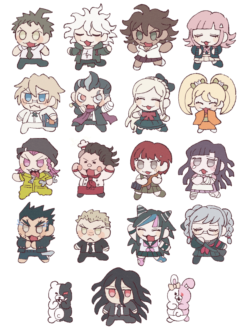 30en_(esx5g) 6+boys 6+girls :d ;o blonde_hair blush breasts brown_hair chibi collared_shirt danganronpa_(series) danganronpa_2:_goodbye_despair dark-skinned_female dark-skinned_male dark_skin freckles grey_hair hair_ornament hanamura_teruteru highres hinata_hajime holding hood jacket kamukura_izuru koizumi_mahiru komaeda_nagito kuzuryu_fuyuhiko long_hair long_sleeves looking_at_viewer medium_hair mioda_ibuki multiple_boys multiple_girls nanami_chiaki nidai_nekomaru one_eye_closed open_clothes open_mouth owari_akane pekoyama_peko pink_eyes red_hair ribbon saionji_hiyoko shirt short_hair simple_background skirt smile soda_kazuichi sonia_nevermind tanaka_gundham togami_byakuya_(danganronpa_2) tsumiki_mikan white_shirt