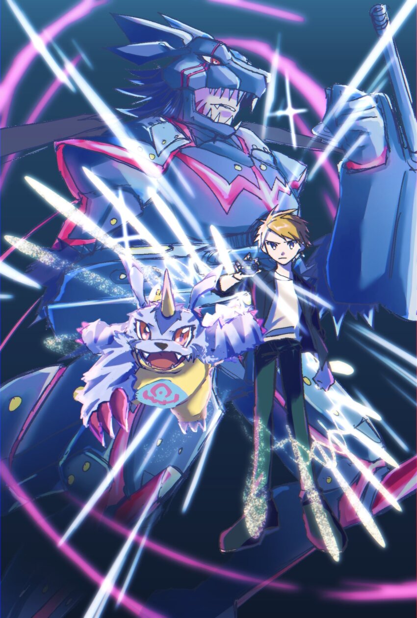 2boys arm_cannon armor black_jacket blonde_hair blue_armor blue_fur blue_helmet digimon digimon_adventure:_last_evolution_kizuna digivice evolutionary_line full_body gabumon gabumon_-yujo_no_kizuna- green_pants helmet highres holding horns jacket lizard male_focus megane_mochi multiple_boys pants red_eyes shirt short_hair single_horn weapon white_shirt