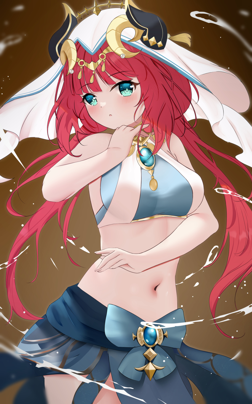 1girl :o absurdres aqua_eyes bare_arms bare_shoulders blue_gemstone blue_skirt breasts brooch brown_background circlet commentary cowboy_shot crop_top dancer english_commentary fake_horns gem genshin_impact gold_trim hand_up harem_outfit highres horns jewelry knosdeba long_hair looking_to_the_side low_twintails medium_breasts navel neck_ring nilou_(genshin_impact) no_detached_sleeves parted_bangs parted_lips pelvic_curtain sidelocks skirt stomach thighs twintails veil water white_headwear
