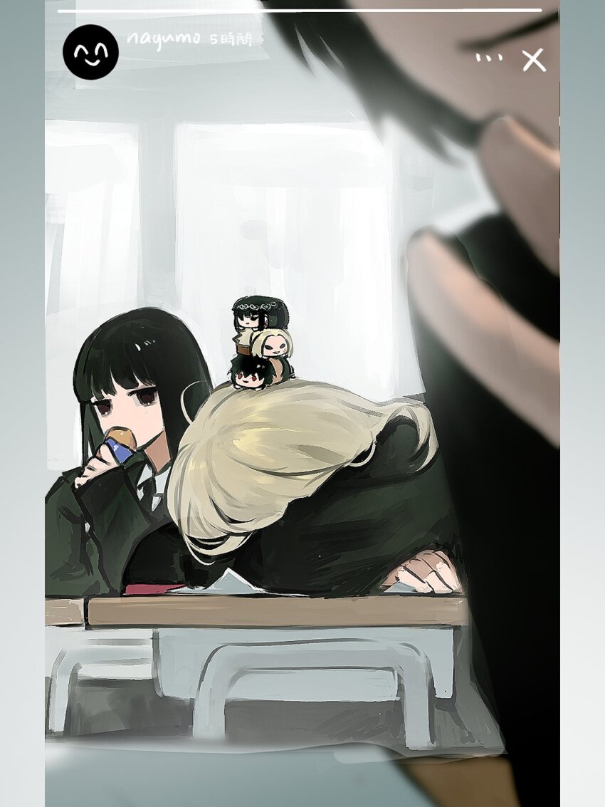 1girl 2boys 5a1_uei black_hair black_jacket black_necktie blonde_hair blunt_bangs chibi chibi_on_head commentary desk english_commentary fake_phone_screenshot fake_screenshot food highres holding holding_food indoors jacket long_hair long_sleeves looking_at_viewer multiple_boys nagumo_(sakamoto_days) necktie on_head osaragi_(sakamoto_days) out_of_frame sakamoto_days school_desk school_uniform shirt shishiba_(sakamoto_days) sleeping upper_body white_shirt window