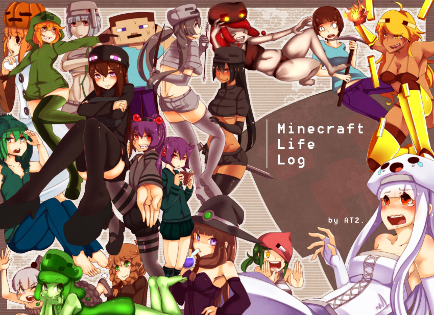 &gt;_&lt; 2boys 6+girls :o absurdres ander_(at2.) arrow_(projectile) at2. barefoot black_footwear black_gloves black_hair black_headwear black_legwear blaze_(minecraft) blonde_hair blue_shirt blunt_bangs blush book bow_(weapon) bowl_cut breasts brown_eyes brown_hair cave_spider cleavage closed_mouth collarbone colored_skin creeparka creeper crop_top crossed_arms cupa_(at2.) dark-skinned_female dark_skin doll_joints elbow_gloves enderman fingerless_gloves garter_straps genderswap genderswap_(mtf) ghast gloves green_eyes green_hair green_hoodie green_legwear green_skin grey_eyes grey_gloves grey_hair grey_legwear grey_shorts grey_skin grin hair_bobbles hair_ornament hat herobrine high_heels highres holding holding_arrow holding_book holding_bow_(weapon) holding_weapon hood hoodie iron_golem_(minecraft) jack-o&#039;-lantern joints large_breasts long_hair long_sleeves looking_at_viewer looking_away magma_cube minecraft mob_talker monster_girl multiple_boys multiple_girls navel orange_hair pantyhose parted_lips personification ponytail potion purple_eyes purple_hair reading red_eyes red_hair shiny_clothes shiny_legwear shirt short_hair short_shorts short_sleeves short_twintails shorts silverfish_(minecraft) sitting skeleton_(minecraft) slime_(minecraft) slime_girl smile snow_golem_(minecraft) steve_(minecraft) teeth thighband_pantyhose thighhighs twintails very_long_hair villager_(minecraft) weapon white_gloves white_hair witch_(minecraft) witch_hat wither_skeleton_(minecraft) yaebi_(at2.) yellow_eyes zombie_(minecraft) zombified_piglin